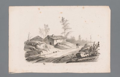 Paesaggio collinare con strada di campagna e case (serie: Principi di paesaggi) da Paulus Lauters