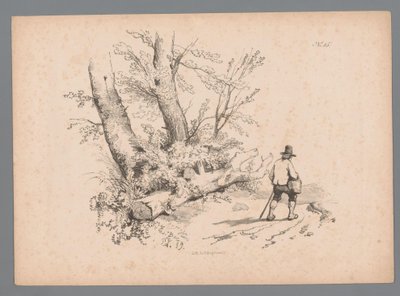 Paesaggio con alberi e un uomo con bastone da passeggio e cesta da Paulus Lauters