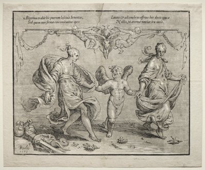 Cupido che danza con due donne allegoriche da Paulus Moreelse