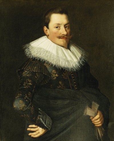 Ritratto di un gentiluomo, mezzo busto, con costume blu con ricami dorati e colletto di pizzo bianco da Paulus Moreelse