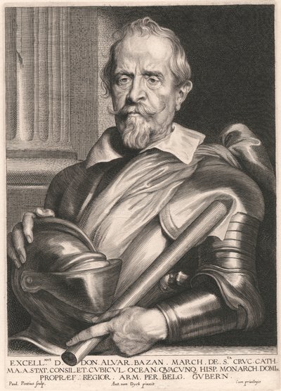 Excellmus. D. Don. Alvar. Bazan. March. de Sta. Cruc. Cath. Ma. a. Stat. Consilet. Cubicul. Ocean. Quacunq, Hisp. Monarch. Domi. Propræf. Regior. Arm. Per. Belg. Gubern. da Paulus Pontius