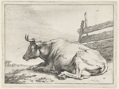 Mucca sdraiata vicino a una recinzione (Het Bullenboekje) da Paulus Potter