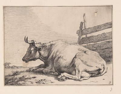 La mucca sdraiata vicino a un recinto, da Vari buoi e mucche da Paulus Potter