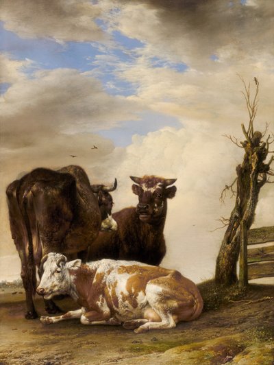 Due mucche e un giovane toro accanto a una recinzione in un prato da Paulus Potter