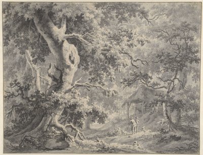 Paesaggio boschivo con due figure vicino a una capanna da Paulus van Liender