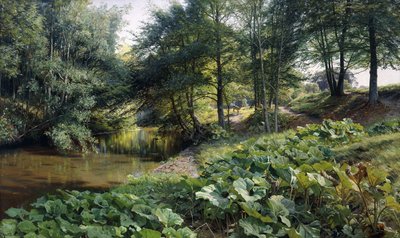 Paesaggio fluviale boscoso con cervi oltre da Peder Monsted