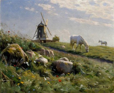 Cavalli al pascolo nel prato estivo da Peder Monsted