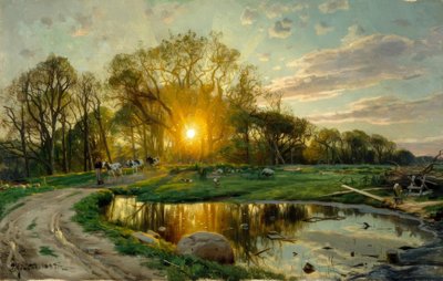 Rientro delle mucche al tramonto da Peder Monsted