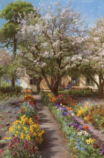 P. Mønsted, Giardino fiorito in primavera da Peder Monsted