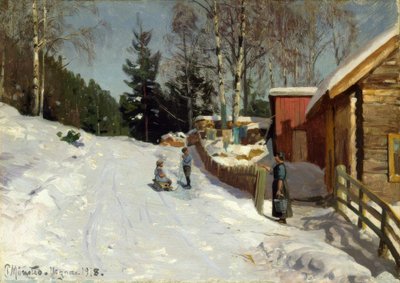 Bambini che giocano sulla strada del villaggio innevato da Peder Monsted
