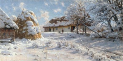Paesaggio di villaggio innevato con bambini che slittano da Peder Monsted