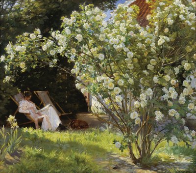 Rose. Marie Krøyer seduta sulla sedia a sdraio nel giardino della casa della signora Bendsen da Peder Severin Krøyer