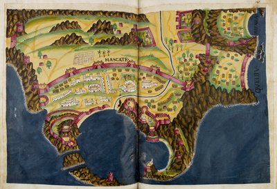 Sotto illustrazione portoghese di Mascate, dal manoscritto Livro do Estado da India Oriental di Pedro Barreto de Resende, Sloane MS 197 da Pedro Barretto de Resende