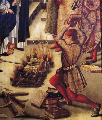 Rogo dei libri degli eretici (dettaglio) da Pedro Berruguete