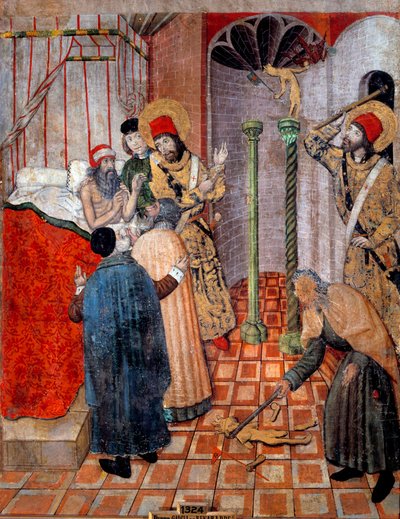 San Sebastiano e San Policarpo che distruggono idoli. Il sacerdote Policarpo e Sebastiano davanti al prefetto di Roma (Cromazio) che chiese loro di avvertirlo. Sebastiano gli disse di rinunciare prima ai suoi idoli e di dargli il permesso di romperli. Dipi da Pedro García de Benabarre