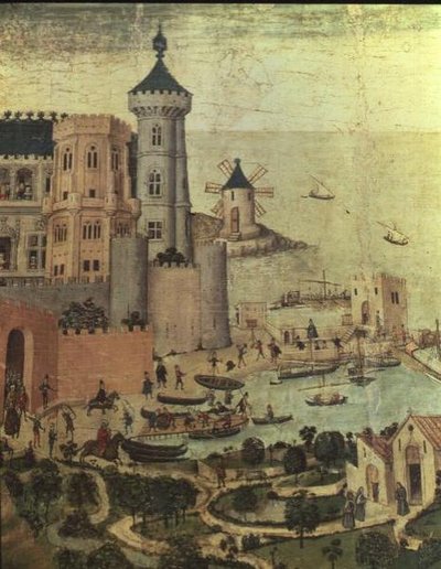 Il porto di Maiorca con le torri di Almudaine, durante la conquista della città da parte di Giacomo I (dettaglio) da Pedro Nisart