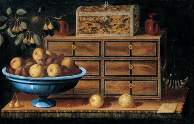 Scrivania con un piccolo scrigno e una ciotola di frutta da Pedro de Camprobín