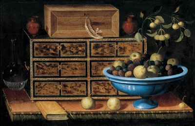 Scrivania con un piccolo scrigno e una ciotola di frutta da Pedro de Camprobín