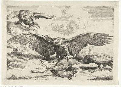 Tre aquile combattono per un cervo morto Diversi uccelli (titolo della serie) da Peeter Boel