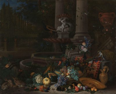Natura morta con verdure davanti a un piedistallo drappeggiato e rovesciato vicino a una fontana ornamentale da Peeter Gijsels