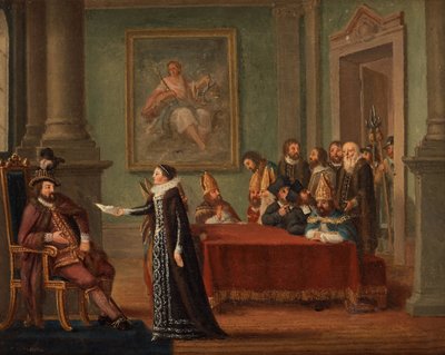 Cristina Gyllenstierna con la lettera di salvo condotto davanti a Cristiano II da Pehr Hilleström