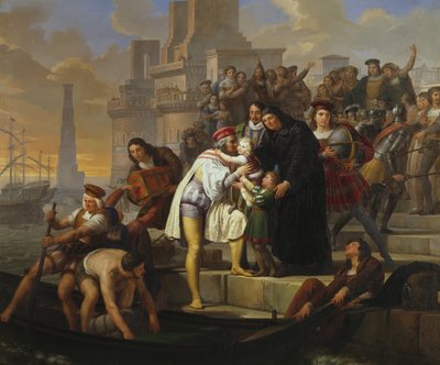 Cristoforo Colombo abbraccia i suoi due figli e li raccomanda a Padre Giovanni Perez prima di partire da Palos per il viaggio alla scoperta dell