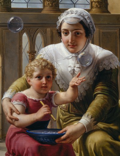 Donna con bambino e bolle di sapone (dettaglio della scoperta della rifrazione della luce di Isaac Newton) da Pelagio Palagi
