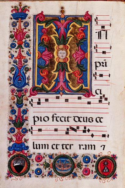 Biblioteca Piccolomini: libro del coro, cod. 5.E, ff. 4v con "Iniziale fogliata" da Pellegrino di Mariano