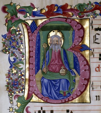 La Santissima Trinità: Dio Padre nella Sua Maestà Intronizzata, che tiene globo e scettro, rappresentato con tre volti, all