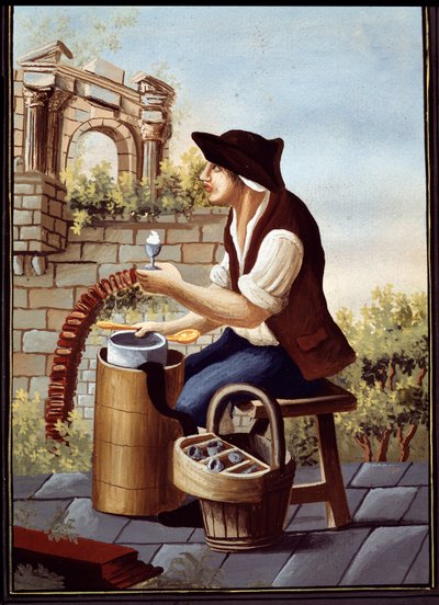 Costumi popolari napoletani: il venditore di gelati e sorbetti ambulanti. Detrempe di Pelliccia (XIX secolo) Napoli, Museo Nazionale di San Martino da Pelliccia