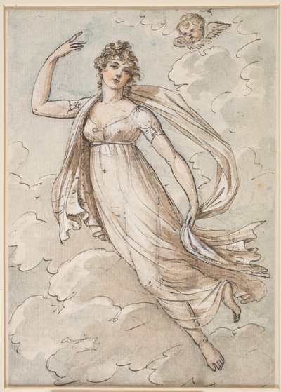 Donna che fluttua nel cielo, osservata da un cherubino da Peltro William Tomkins
