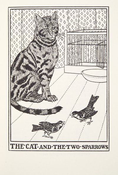 Il gatto e i due passeri, da Fontaine Fables, pub. 1905 da Percy J. Billingshurst