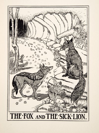 La volpe e il leone malato, da Cento favole di Esopo, pub.1903 da Percy J. Billingshurst