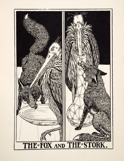 La volpe e la cicogna, da Cento favole di Esopo, pub.1903 da Percy J. Billingshurst