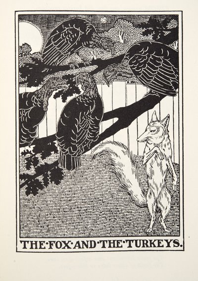 La volpe e i tacchini, da Fontaine Fables, pub. 1905 da Percy J. Billingshurst