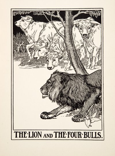 Il leone e i quattro tori, da Cento favole di Esopo, pub.1903 da Percy J. Billingshurst