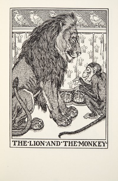 Il leone e la scimmia, dalle Favole di Fontaine, pub. 1905 da Percy J. Billingshurst