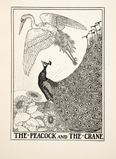 Il Pavone e la Gru, da Cento Favole di Esopo, pub.1903 da Percy J. Billingshurst