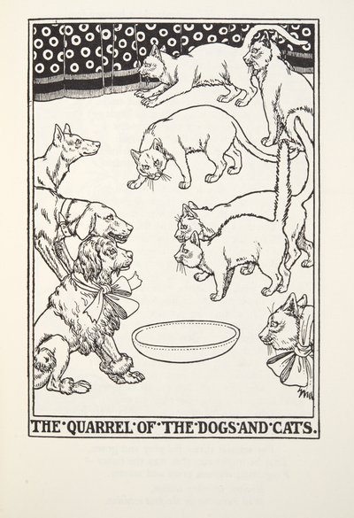 La lite tra cani e gatti, da Fontaine Fables, pub. 1905 da Percy J. Billingshurst