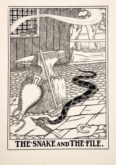 Il serpente e la lima, da Cento favole di Esopo, pub.1903 da Percy J. Billingshurst