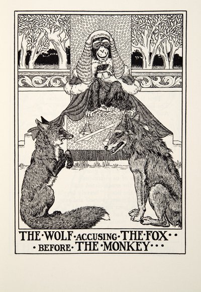 Il lupo che accusa la volpe davanti alla scimmia, dalle Favole di Fontaine, pub. 1905 da Percy J. Billingshurst