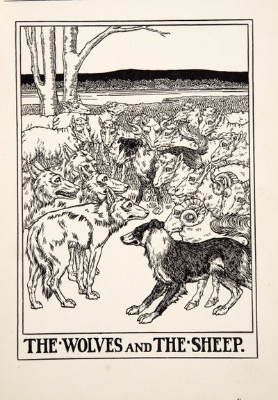 I lupi e le pecore, da Cento favole di Esopo, pub.1903 da Percy J. Billingshurst