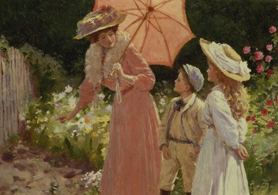 Una signora con un parasole che mostra come fare una botte di fragole da Percy Tarrant