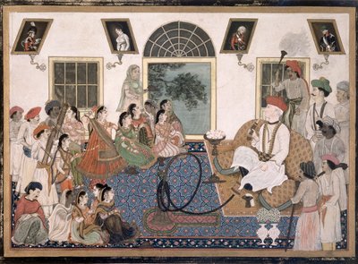 Un Europeo, probabilmente Sir David Ochterlony (1758-1825), in abiti indiani, che fuma un hookah e guarda una nautch nella sua casa a Delhi, c.1820 da Persian School