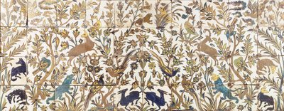 Pannello di piastrelle curda seca, composto da quattro file di dieci piastrelle, dipinto con vegetazione abitata da uccelli, cervi e leoni da Persian School