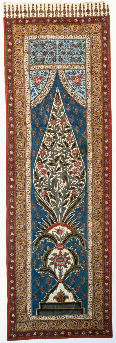 Un kalimkari di cotone smaltato dipinto e stampato con pappagalli e altri uccelli posati sui rami di un albero fiorito a forma di fiamma da Persian School