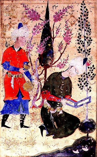 Un principe seduto che legge mentre un servitore serve vino, dalla Tohfat Al-Ahrar, Scuola di Bokhara da Persian School