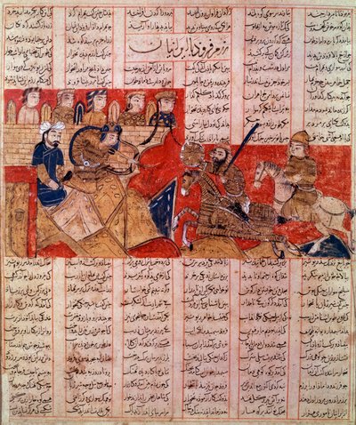 Arte Iran (Persia): miniatura di un manoscritto dello Shah Nqmeh, il re Bahram Gour uccide il sovrano dei Touraniani. Manoscritto del 1341. Collezione privata. da Persian School