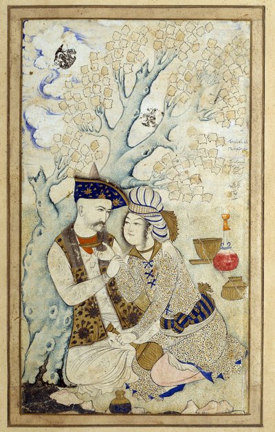 Arte islamica: Ritratto di Shah Abbas I che abbraccia uno dei suoi paggi. Disegno persiano del 1672. Dim: 0,16 x 0,27m. Parigi, Museo del Louvre da Persian School