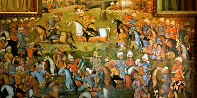 Battaglia di Taher-Abad o Battaglia di Merv con la vittoria di Shah Ismail I su Muhammad Shaybani Khan, Sala delle Udienze, Chehel Sotun, 1647 da Persian School